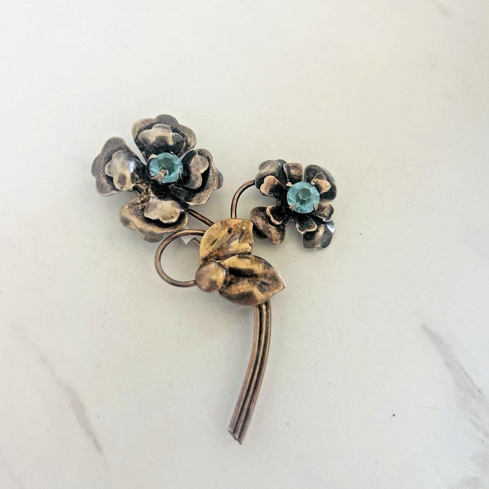 Carl Art 925 Sterling Silver‎ Brooch Floral Leaf Blue Rhinestones MCM Vintage